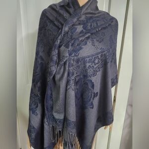 Blue and Gray Floral Pashmina